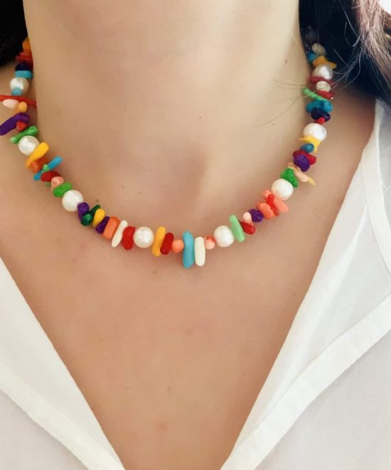 wearing rainbow necklace