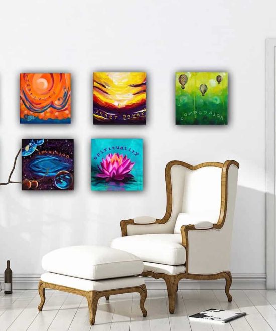 all 7 chakra paintings near an armchair2