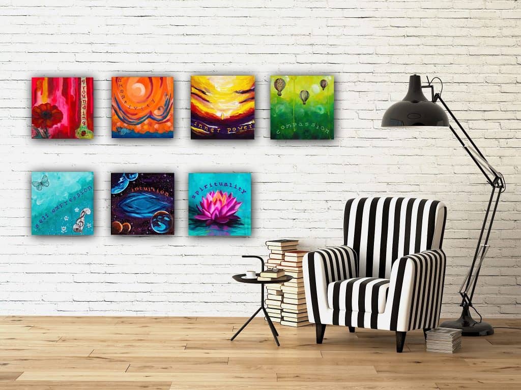 all 7 chakra paintings near an armchair, οφέλη της τέχνης