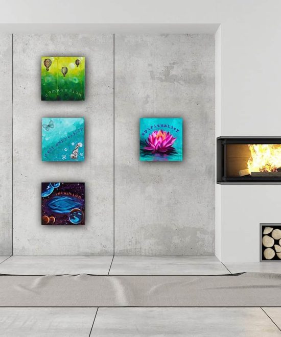 all 7 chakra paintings near a fireplace
